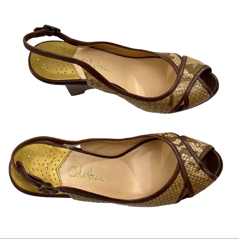 COLE HAAN Textured Snakeskin Slingback Peep Toe Wedge Sandals - Picture 8 of 9